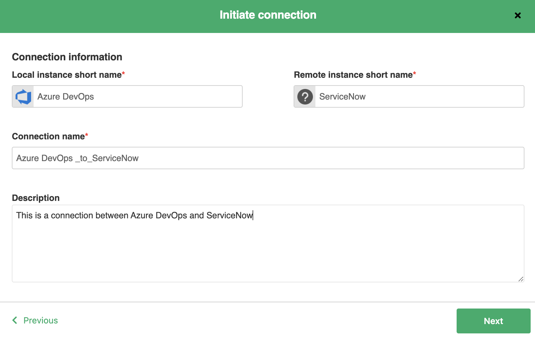 Connection name for Azure DevOps and ServiceNow