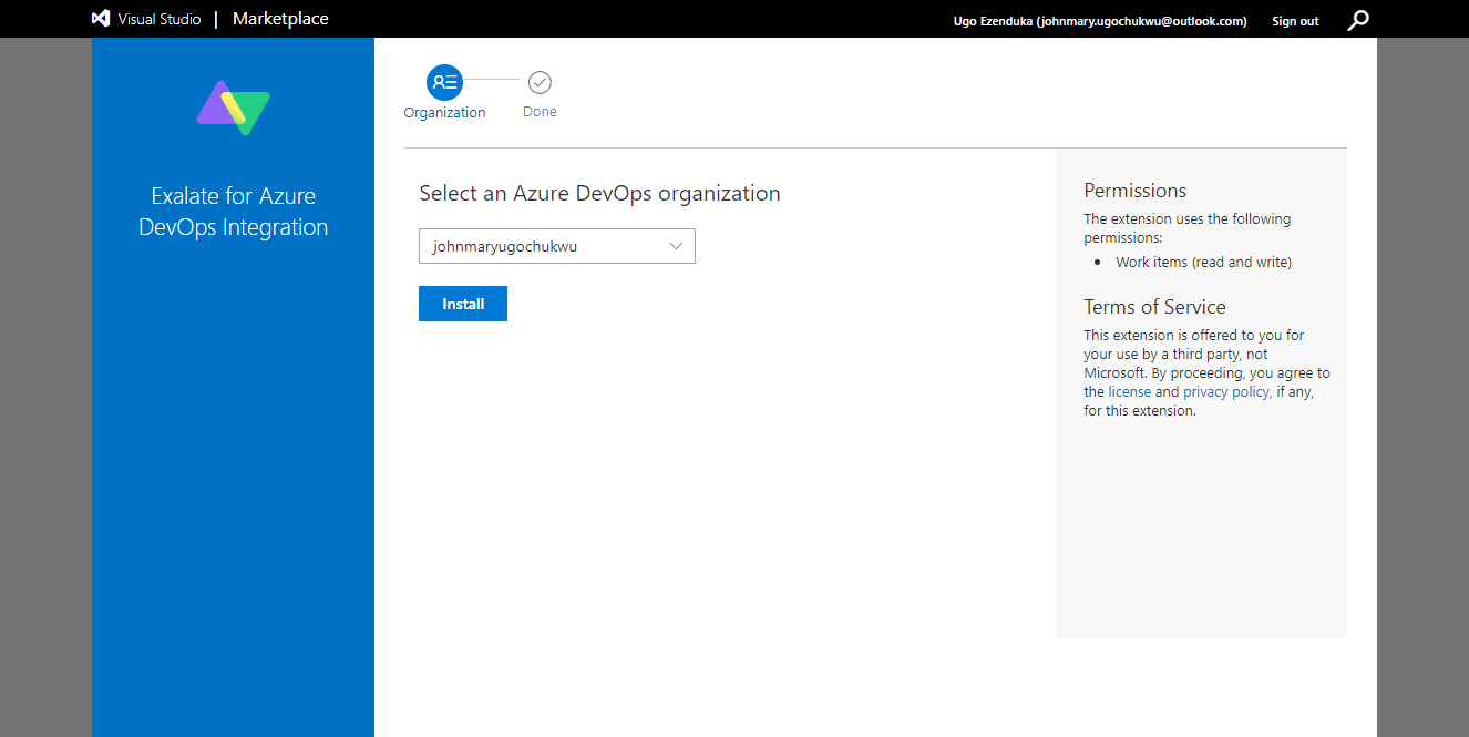 Select organization to install Exalate on Azure DevOps