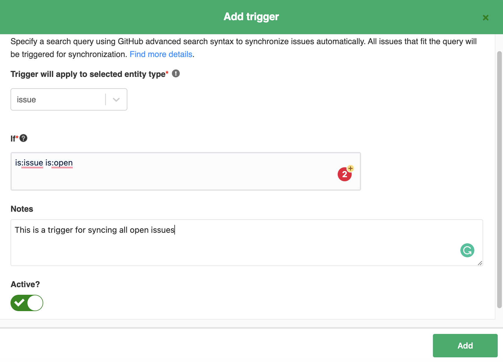 add triggers to a Jira GitHub Enterprise integration 