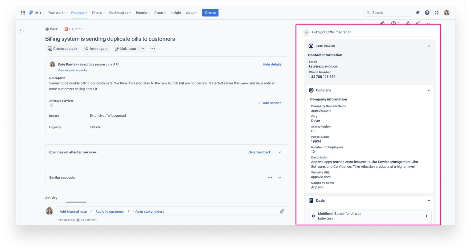 Issue view with HubSpot CRM integration for Jira
