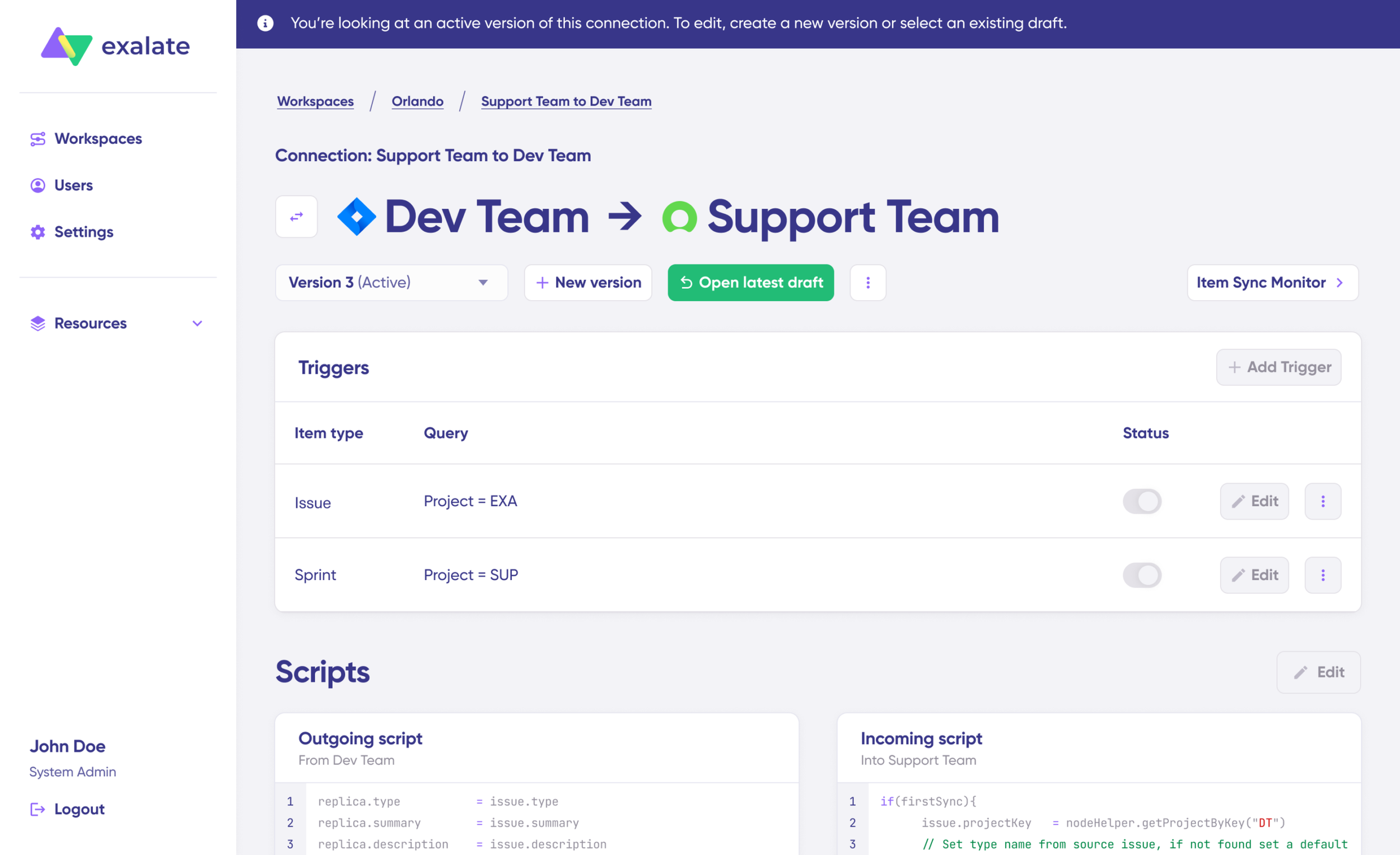 Exalate screen with edited scripts and triggers with various versions