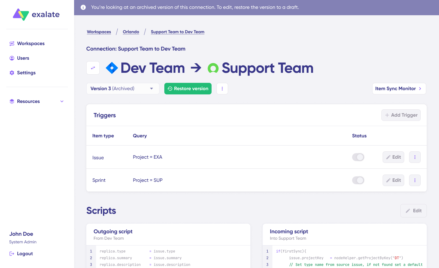 Archive version mode to enable the editing of scripts in Exalate