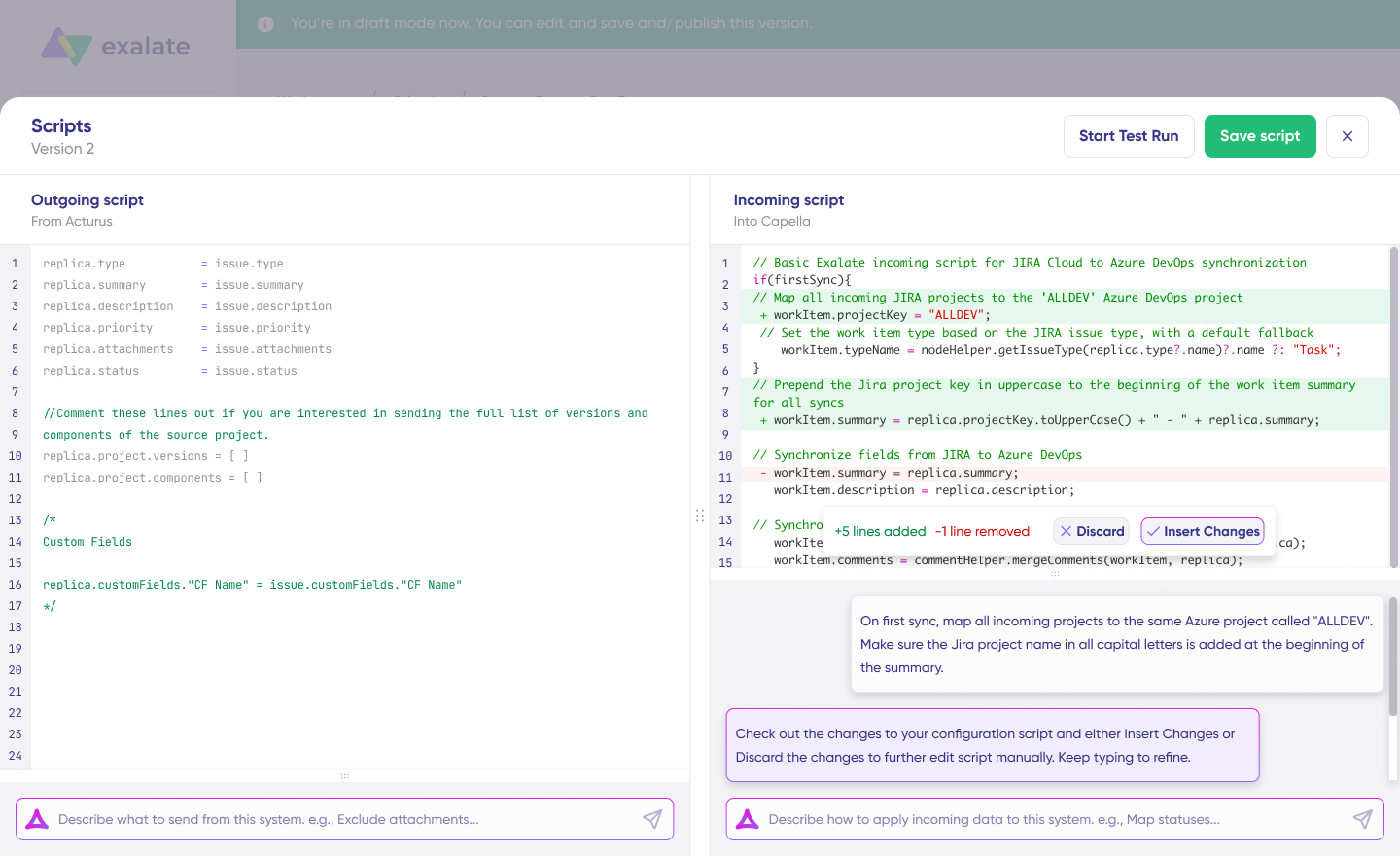 Exalate interface for Aida-assisted scripting
