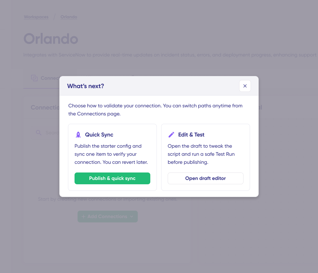 Exalate screen for Quick Sync and Edit & Test