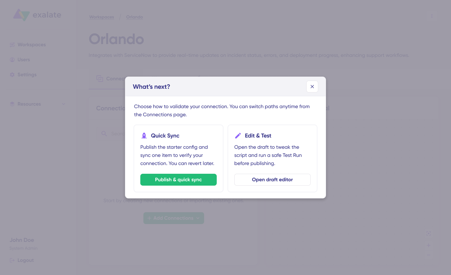 Exalate screen for Quick Sync and Edit & Test