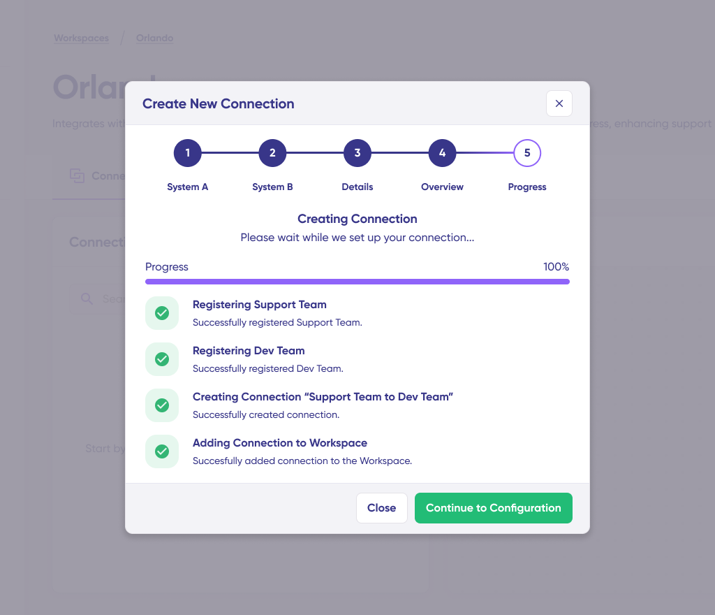 Exalate interface for setting up connections completed flow