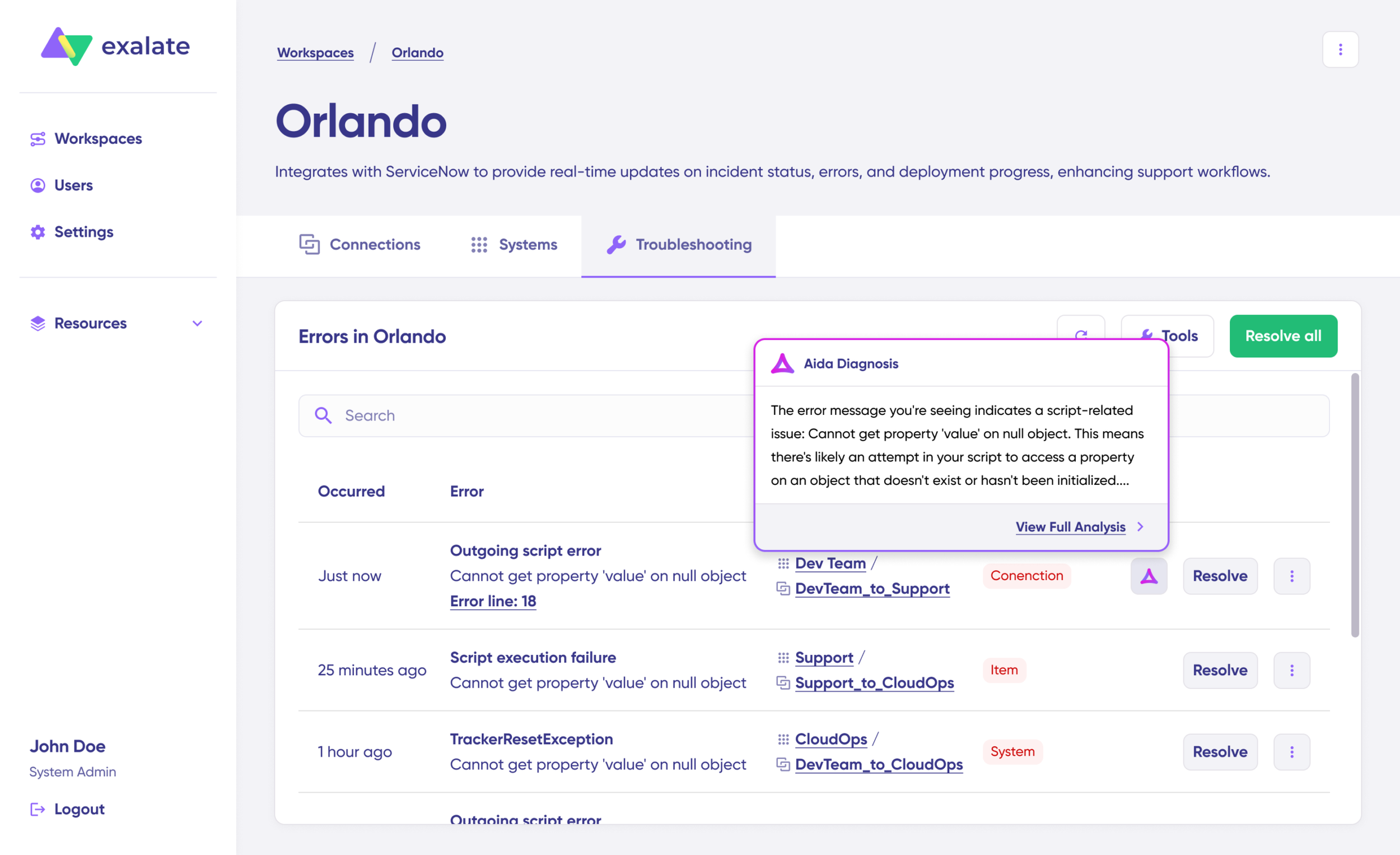 trouble shooting screen showing Aida diagnosis pop-up