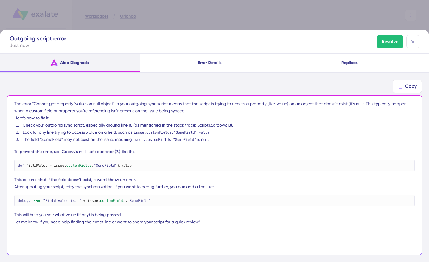 Aida diagnosis interface with error details